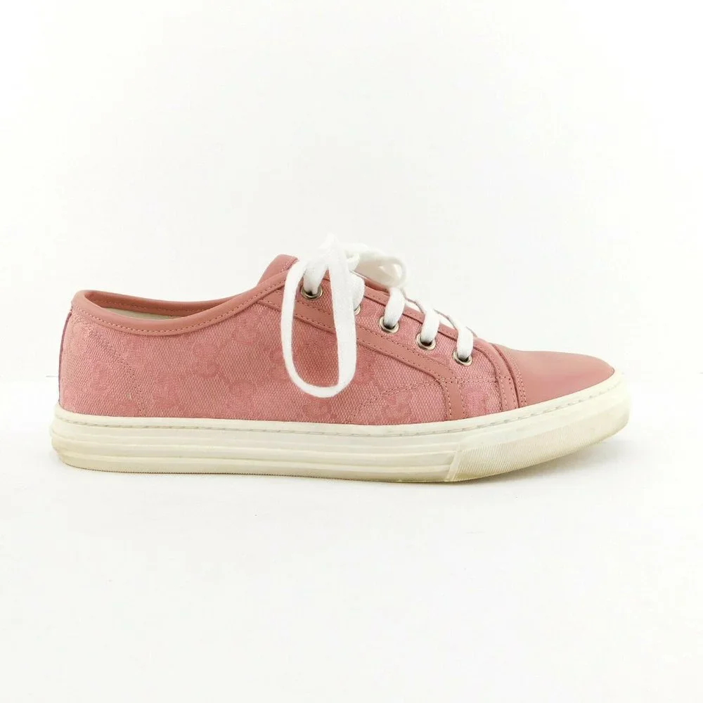 GUCCI Pastel Pink Leather Cap Toe GG Logo Monogram Canvas Lace-up Sneakers 39